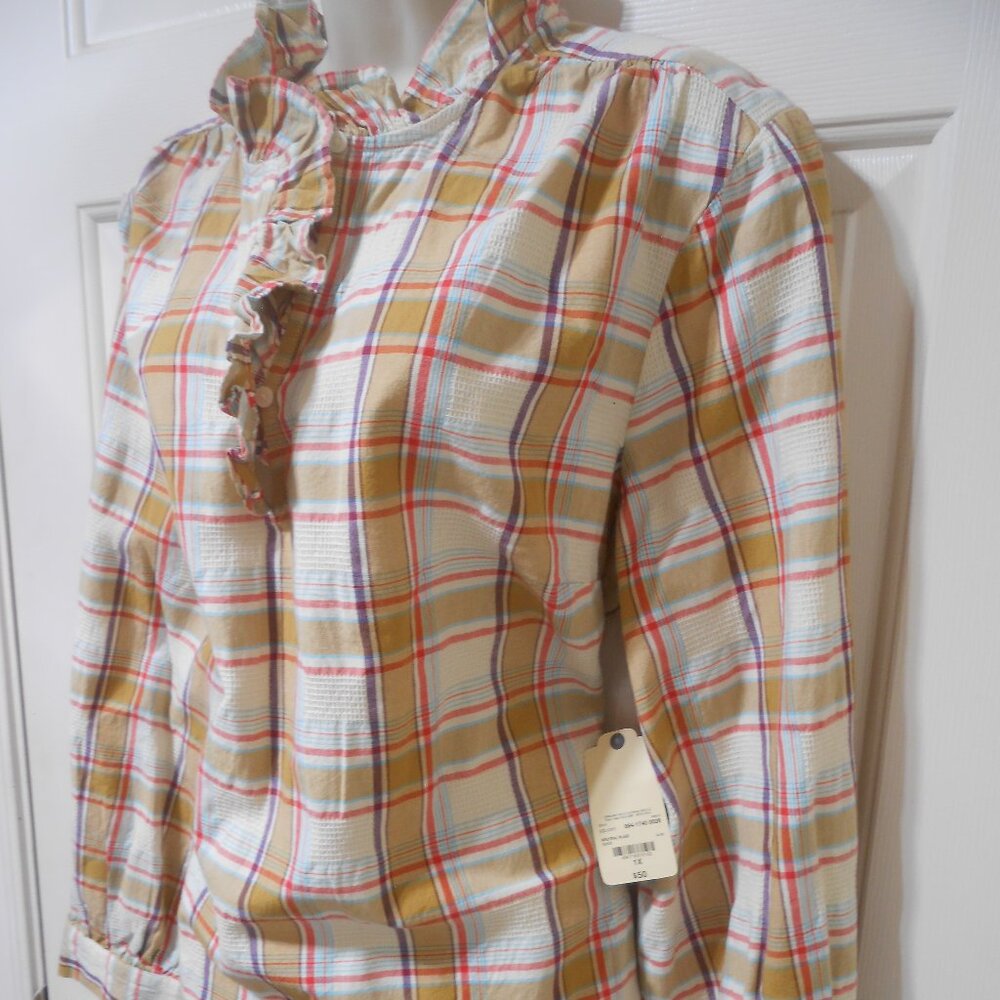 Women's St. John's Bay Cute LS neutral Plaid Blouse Ruffle Neck size 1X NWT 👩